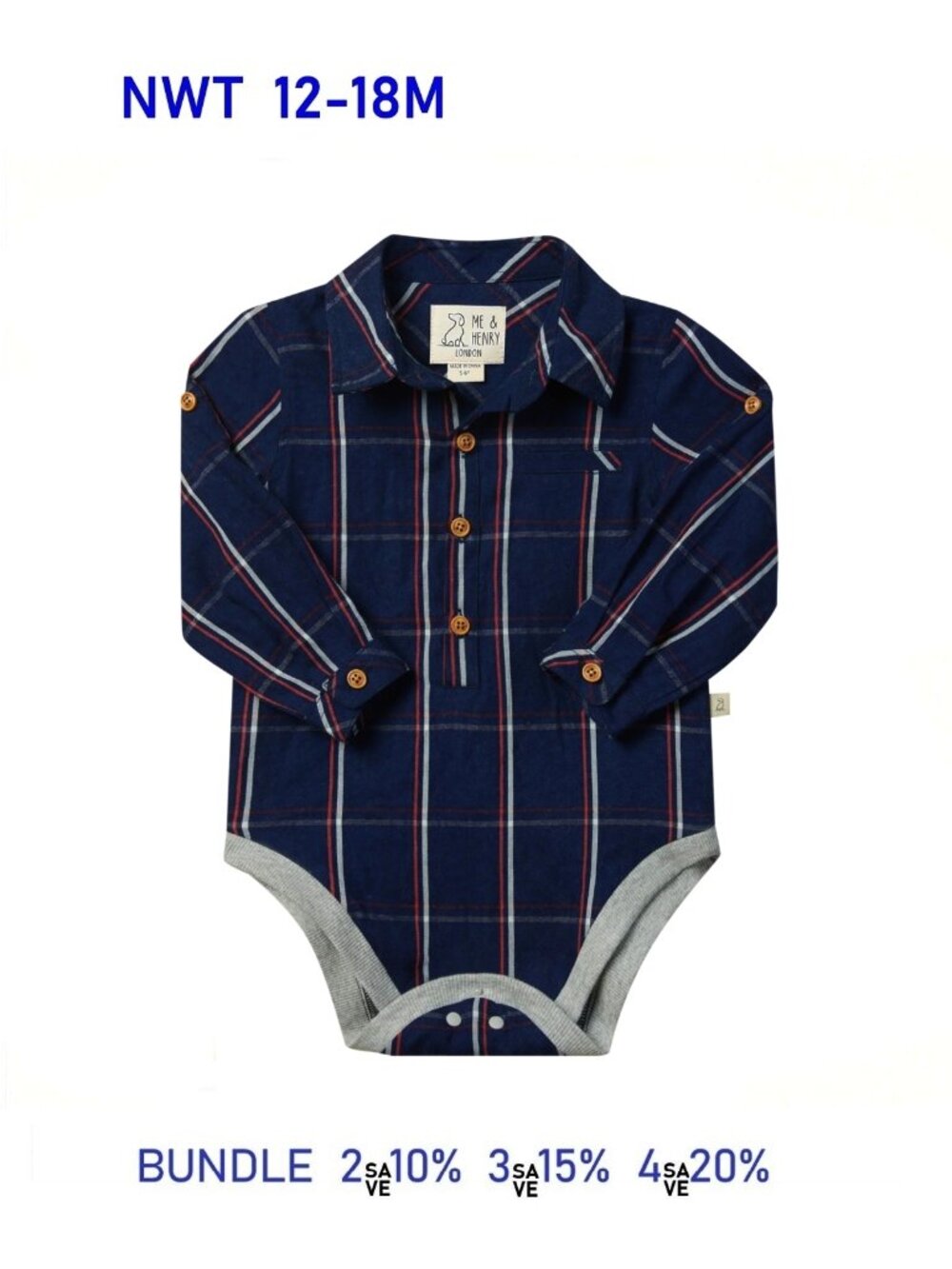 NWT - ME & HENRY Indigo & Red plaid Woven Onesie - SIZE 12-18m